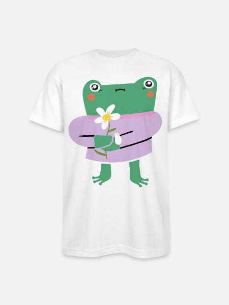 Shy Frog with Flower - Bayside Unisex Heavyweight USA Made T-Shirt - white
