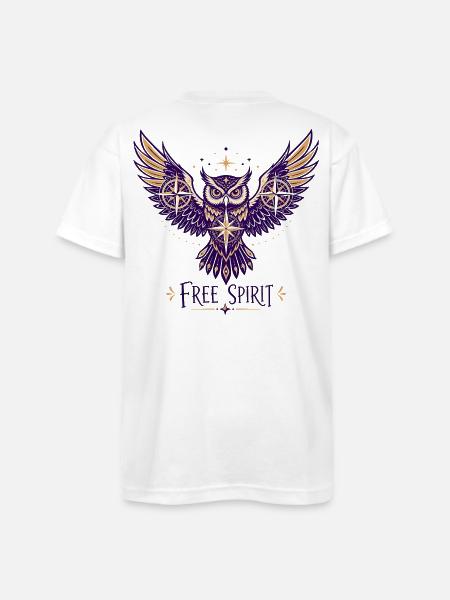  Free Spirit Owl & Stars - Bayside Unisex Heavyweight USA Made T-Shirt - white