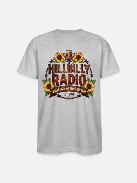 Hillbilly_Radio_Logo_Sunflowers - Bayside Unisex Heavyweight USA Made T-Shirt - heather gray