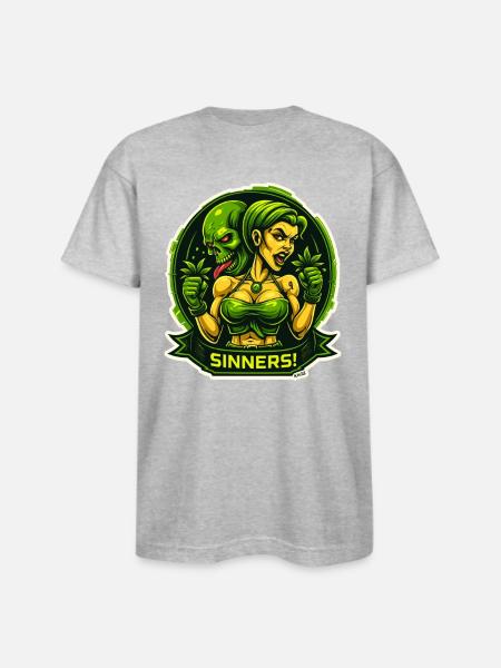 Sinners! Green Femme vs Demon - Bayside Unisex Heavyweight USA Made T-Shirt - heather gray