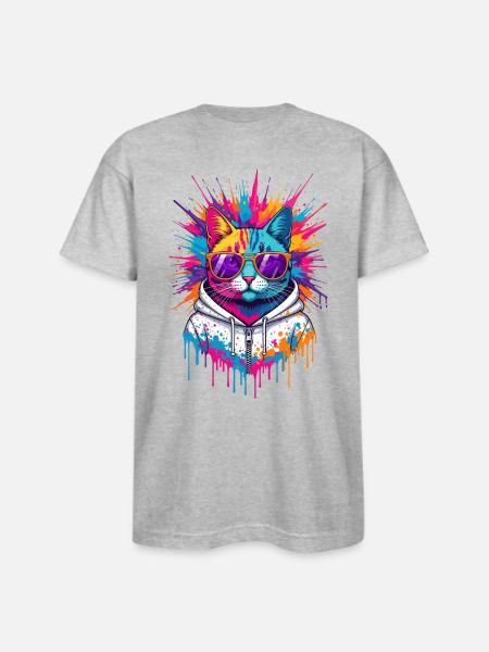 Neon Splash Cat Hoodie - Bayside Unisex Heavyweight USA Made T-Shirt - heather gray