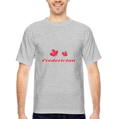 Fredericton with two red maple leaves - Bayside Unisex Heavyweight USA Made T-Shirt