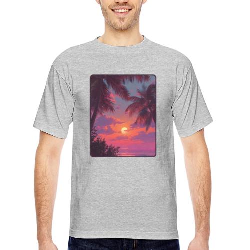 Tropical Sunset Palm Silhouette Design - Bayside Unisex Heavyweight USA Made T-Shirt