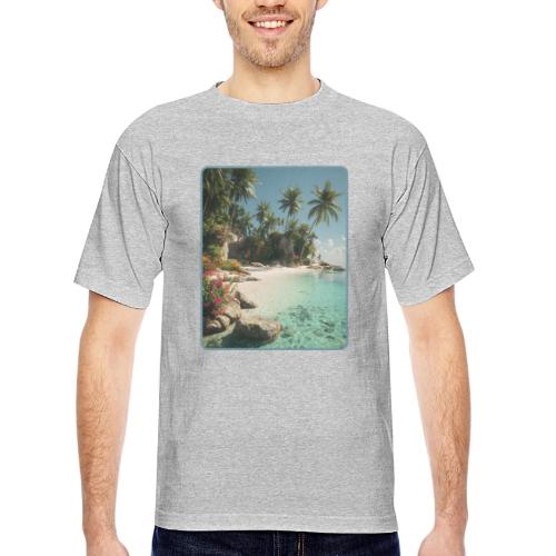 Serene Tropical Beach Floral Design - Bayside Unisex Heavyweight USA Made T-Shirt