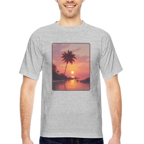 Tropical Beach Sunset Palm Design - Bayside Unisex Heavyweight USA Made T-Shirt