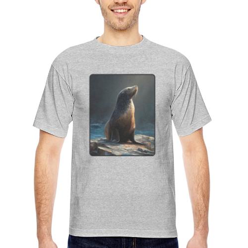 Fur Seal Artistic Shore Portrait Design - Bayside Unisex Heavyweight USA Made T-Shirt