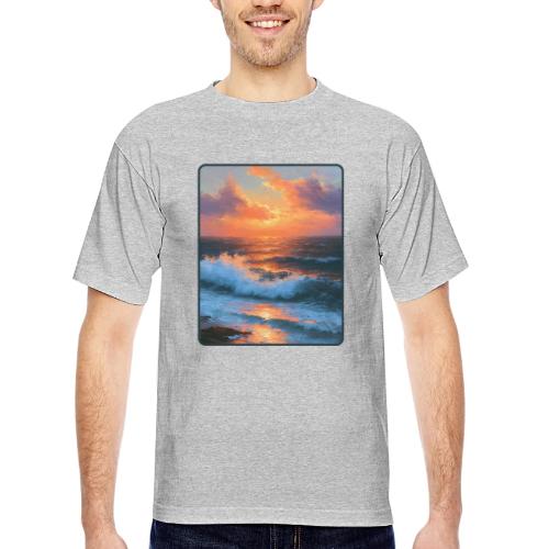 Sunset Storm Waves Oil Painting - Bayside Unisex Heavyweight USA Made T-Shirt