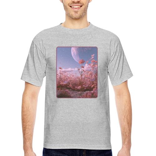 Cosmic Moon & Cosmos Flowers Art - Bayside Unisex Heavyweight USA Made T-Shirt
