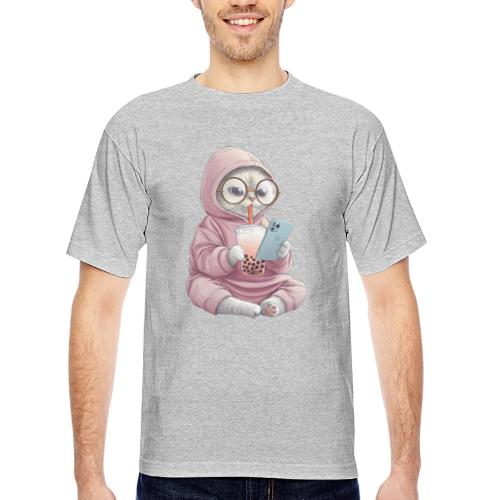 Cool Cat Bubble Tea Cartoon Design - Bayside Unisex Heavyweight USA Made T-Shirt