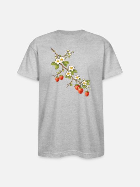 Strawberry Branch with Blossoms Illustration - Bayside Unisex Heavyweight USA Made T-Shirt - heather gray
