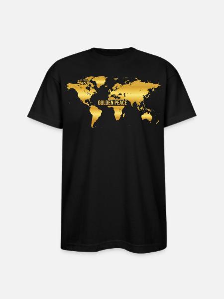 Golden Peace World Map - Bayside Unisex Heavyweight USA Made T-Shirt - black