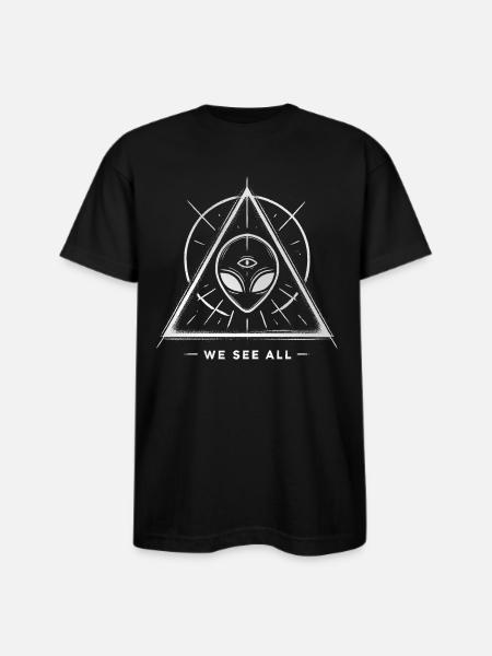Alien Symbol We See All Cosmic Mystery Tee - Bayside Unisex Heavyweight USA Made T-Shirt - black