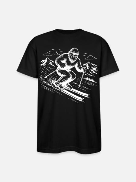 Bigfoot Sasquatch Skier in the Mountains - Bayside Unisex Heavyweight USA Made T-Shirt - black
