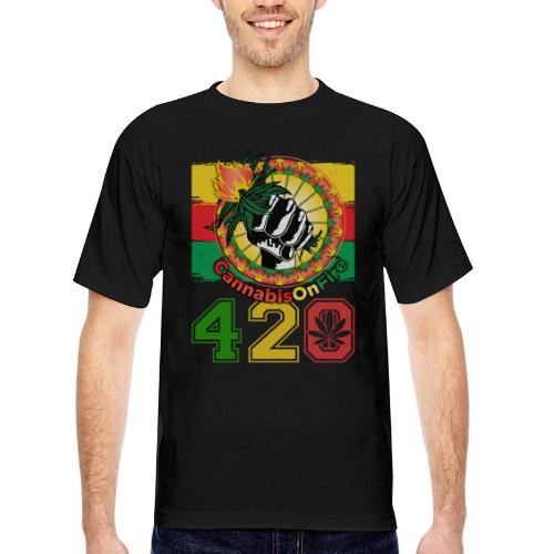 Antic 420 OnFire Herb Weed Marijuana Design - Bayside Unisex Heavyweight USA Made T-Shirt