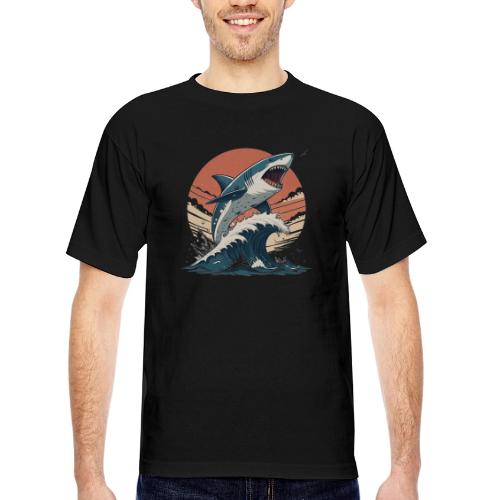 Fierce Shark Breaking Through Waves - Bayside Unisex Heavyweight USA Made T-Shirt