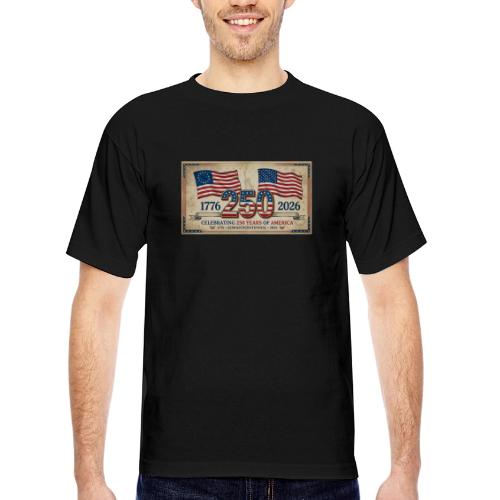 USA 250th Anniversary Flags Emblem - Bayside Unisex Heavyweight USA Made T-Shirt