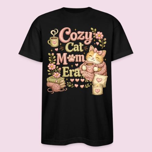 Cozy Cat Mom Era Faux Stitched Design - Bayside Unisex Heavyweight USA Made T-Shirt