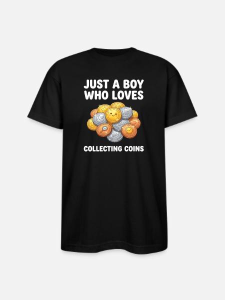 Coin-Loving Boy Collecting Coins - Bayside Unisex Heavyweight USA Made T-Shirt - black