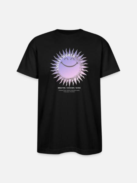 SmileyWorld Smiling Sun In Purple - Bayside Unisex Heavyweight USA Made T-Shirt - black