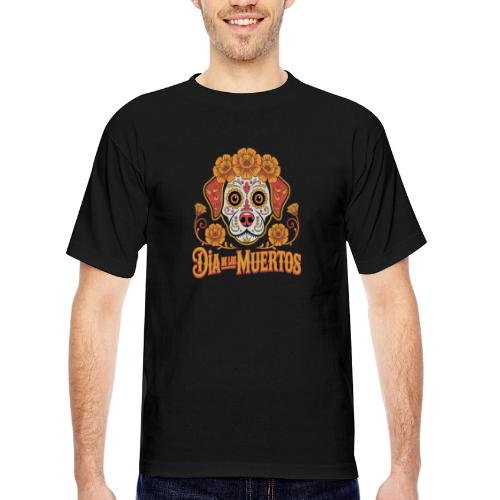 Dia De Los Muertos Dog Skull Flowers - Bayside Unisex Heavyweight USA Made T-Shirt