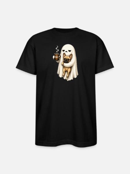 Meh Ghost Sips Coffee with Pug - Bayside Unisex Heavyweight USA Made T-Shirt - black