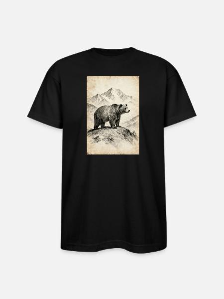 Bear on Alpine Ridge Sketch - Bayside Unisex Heavyweight USA Made T-Shirt - black