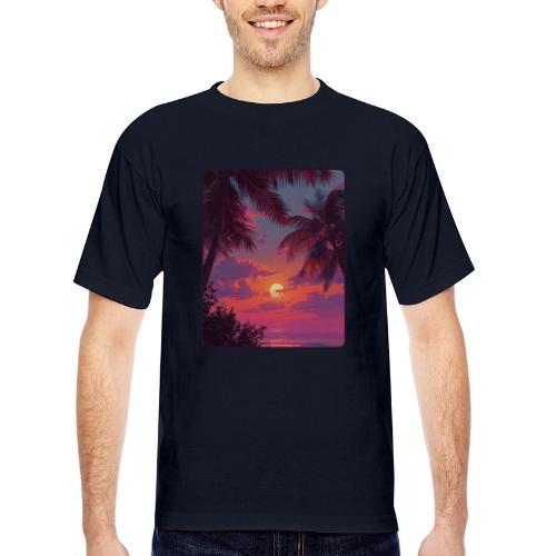 Tropical Sunset Palm Silhouette Design - Bayside Unisex Heavyweight USA Made T-Shirt