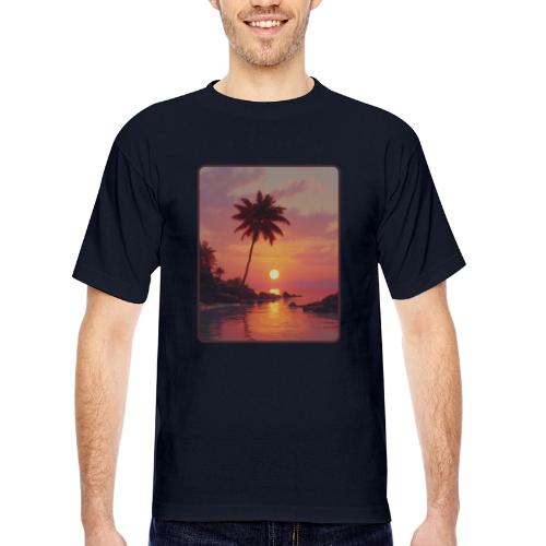 Tropical Beach Sunset Palm Design - Bayside Unisex Heavyweight USA Made T-Shirt