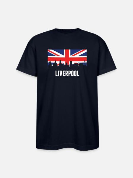 British Flag Liverpool Skyline - Bayside Unisex Heavyweight USA Made T-Shirt - navy
