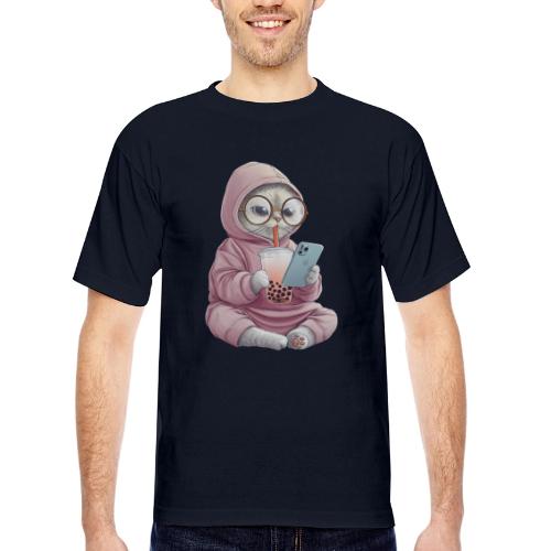 Cool Cat Bubble Tea Cartoon Design - Bayside Unisex Heavyweight USA Made T-Shirt