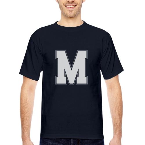 White Letter M – Varsity Alphabet Monogram - Bayside Unisex Heavyweight USA Made T-Shirt