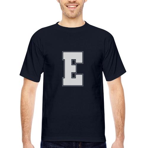 White Letter E – Varsity Alphabet Monogram - Bayside Unisex Heavyweight USA Made T-Shirt
