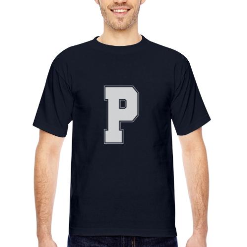 White Letter P – Varsity Alphabet Monogram - Bayside Unisex Heavyweight USA Made T-Shirt