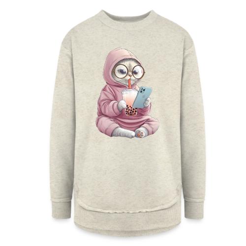 Cool Cat Bubble Tea Cartoon Design - Women's Weekend Tunic Fleece Sweatshirt