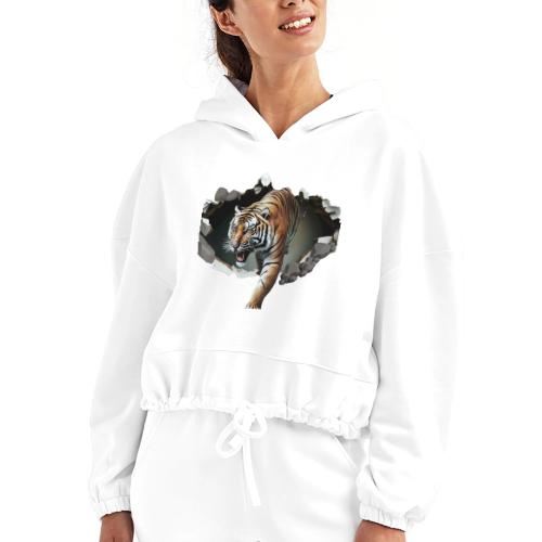 Fashion Design Tiger Coming Out, Wild Feline Tiger - Women’s Cropped Hoodie