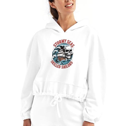 Stormy Seas Skull Pirate Ship Nautical Ocean Waves - Women’s Cropped Hoodie