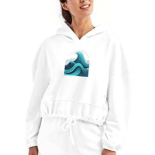 Dynamic Ocean Wave Illustration - Women’s Cropped Hoodie