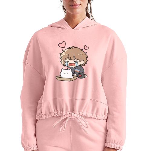 Crying Chibi Boy with Stray Cat - Women’s Cropped Hoodie