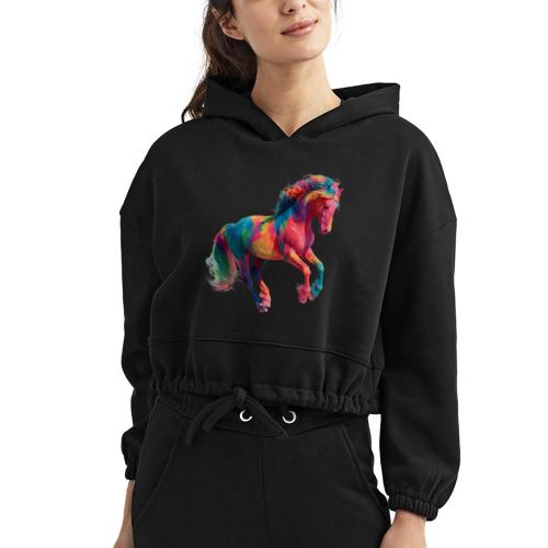 Colorful Paint Splatter Horse Art - Women’s Cropped Hoodie