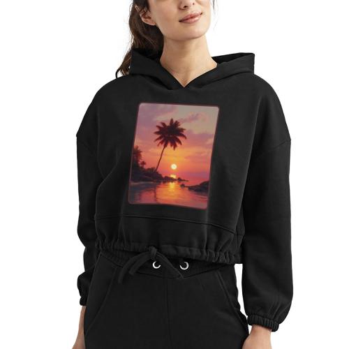 Tropical Beach Sunset Palm Design - Women’s Cropped Hoodie