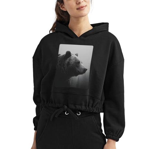 Grizzly Bear Black White Portrait Design - Women’s Cropped Hoodie