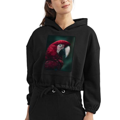 Red Green Macaw Bird Portrait Design - Women’s Cropped Hoodie