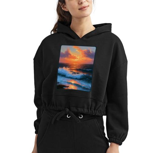 Sunset Storm Waves Oil Painting - Women’s Cropped Hoodie