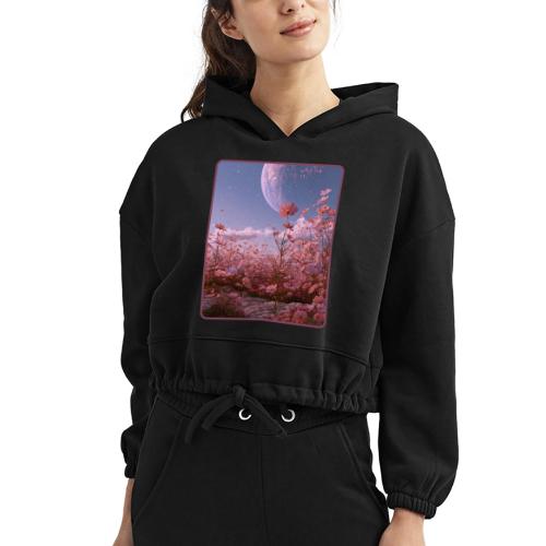 Cosmic Moon & Cosmos Flowers Art - Women’s Cropped Hoodie