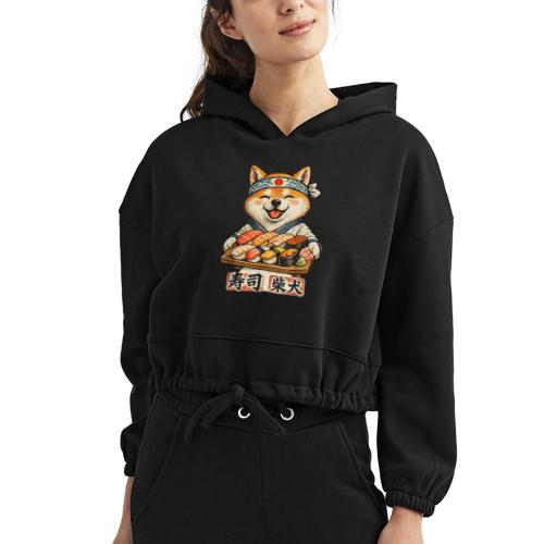 Funny Shiba Inu Sushi Kawaii Dog Tee - Women’s Cropped Hoodie