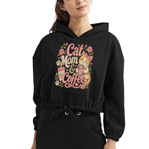Cat Mom & Coffee Faux Stitched Cat Lover Design - Women’s Cropped Hoodie