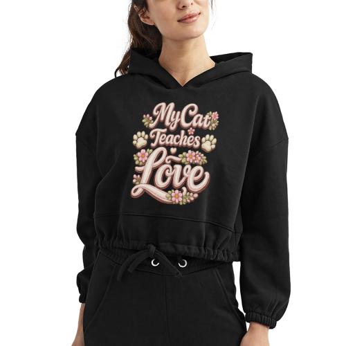 My Cat Teaches Love Faux Embroidery Style - Women’s Cropped Hoodie
