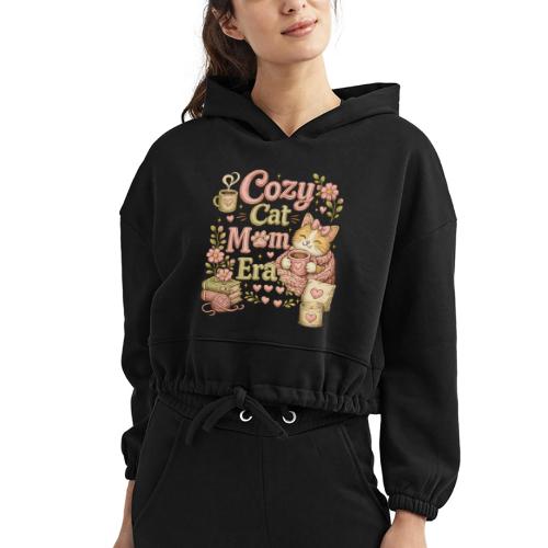 Cozy Cat Mom Era Faux Stitched Design - Women’s Cropped Hoodie