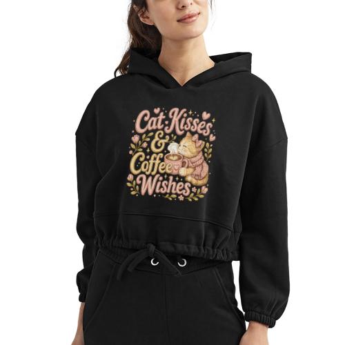 Cat Kisses & Coffee Wishes Faux Stitched - Women’s Cropped Hoodie