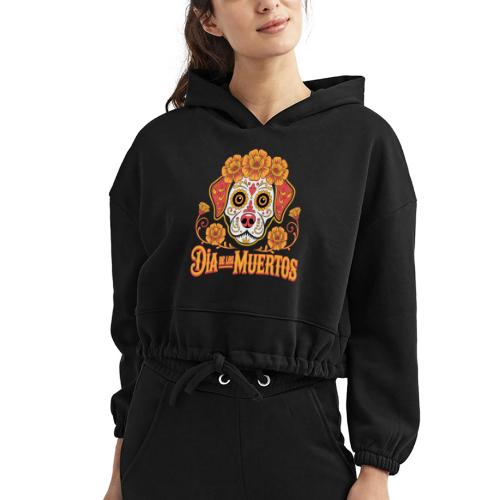 Dia De Los Muertos Dog Skull Flowers - Women’s Cropped Hoodie